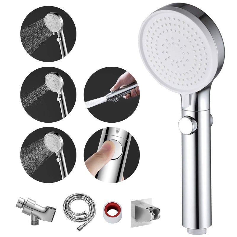 MIAOHUI Shower Head with Hose and on off Switch, 3 Setting High Pressure Handheld Shower Head, Removable Shower Head with Hose, Adjustable Angle Bracket, Low-Reach Wand Holder, Chrome - Image 1